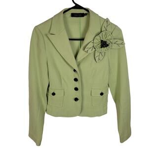 Rickie Freeman Teri Jon Green waffle knit 3D floral cotton blazer Sz 6 Retro